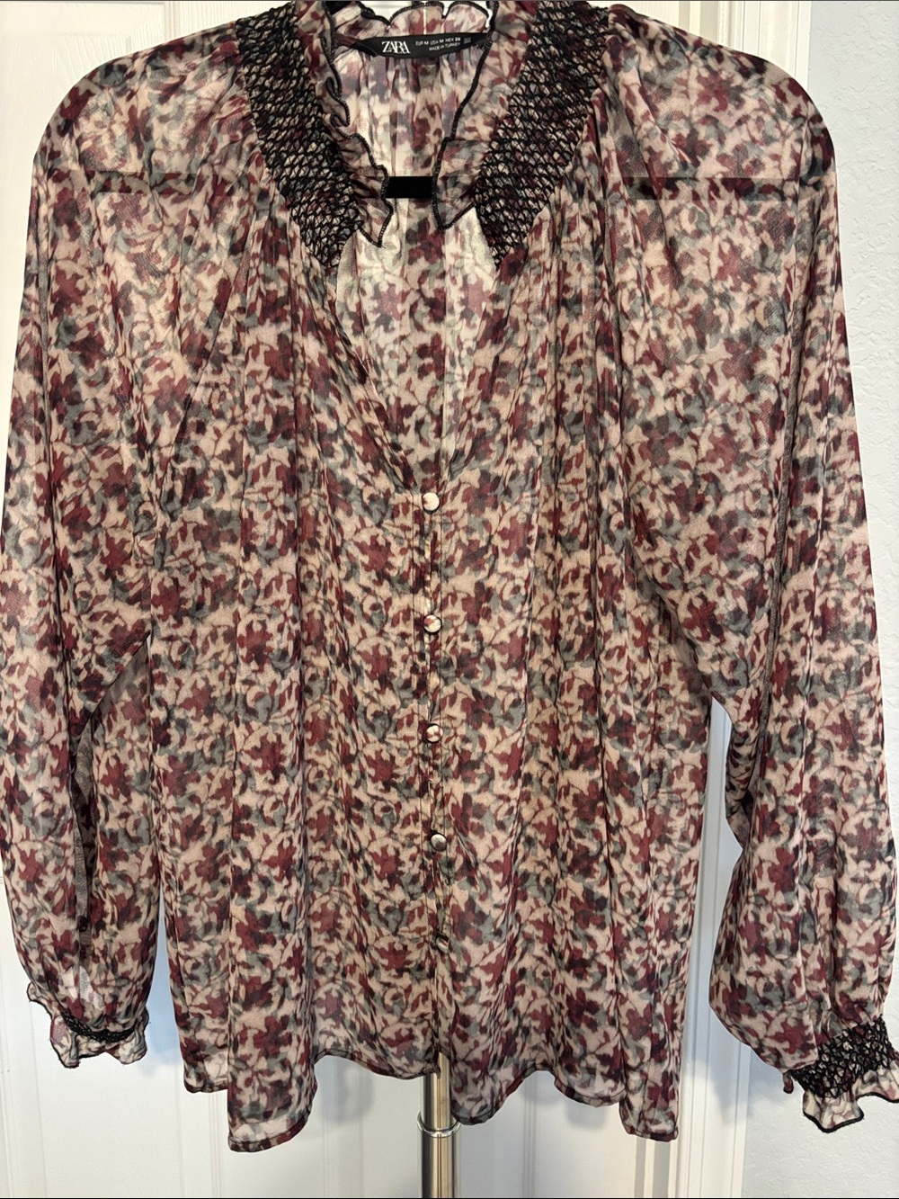 Zara Burgundy and Cream Floral Sheer Blouse with Smocked Collar
